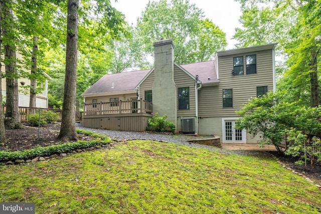 47 Marwood Dr, Palmyra, VA 22963 - rear view of property featuring french doors, a chimney, a lawn, and a deck