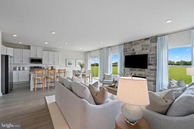 living room with wood finished floors and recessed lighting