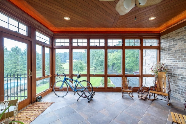 5090 Springhouse Cir, Rockingham, VA 22802 - unfurnished sunroom featuring ornamental molding, french doors, and wood ceiling