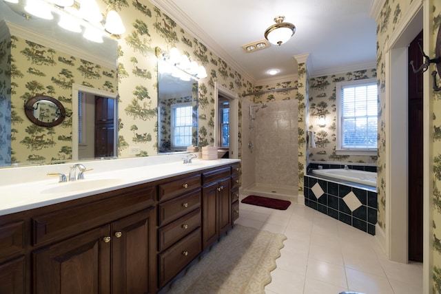 5090 Springhouse Cir, Rockingham, VA 22802 - full bath with a garden tub, a tile shower, a sink, tile patterned flooring, and ornamental molding