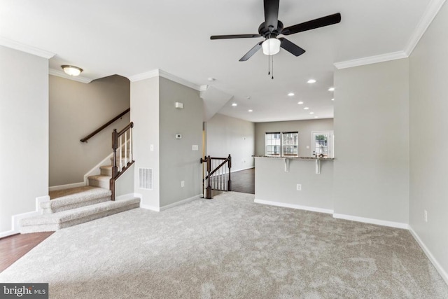 3107 Alliance Ct, Fredericksburg, VA 22408 - unfurnished living room featuring crown molding, carpet flooring, baseboards, ceiling fan, and recessed lighting
