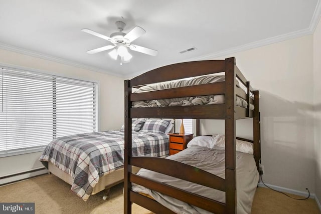 bedroom featuring light colored carpet, visible vents, baseboard heating, ornamental molding, and a ceiling fan