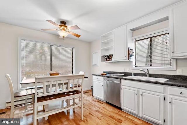 kitchen with dark countertops, white cabinets, open shelves, and dishwasher