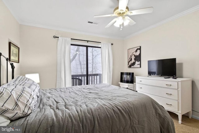 bedroom with access to exterior, visible vents, crown molding, and light colored carpet