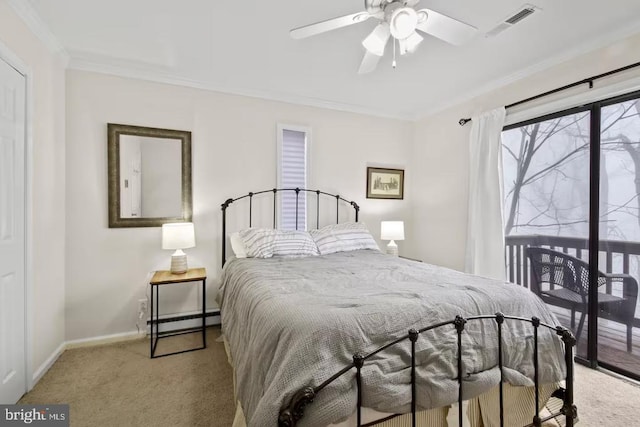 bedroom with ornamental molding, light colored carpet, visible vents, and baseboards