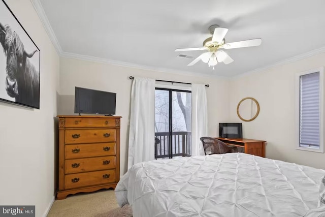 bedroom with access to outside, a ceiling fan, visible vents, and crown molding