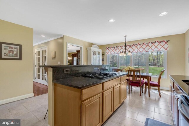 - kitchen featuring black gas stovetop, baseboards, light tile patterned floors, recessed lighting, and stainless steel dishwasher