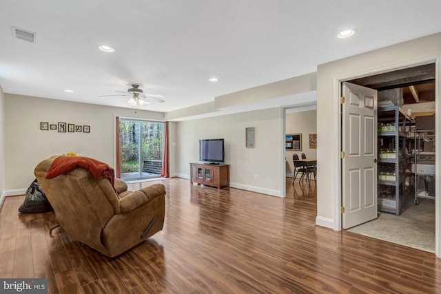  - living area with ceiling fan, wood finished floors, recessed lighting, and baseboards