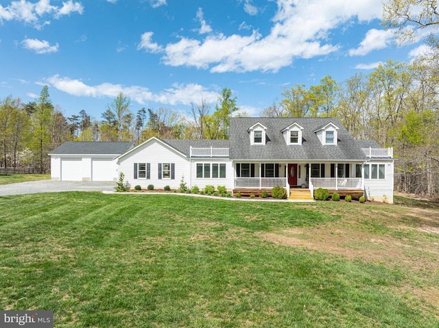  - cape cod home with covered porch, driveway, a front lawn, and roof with shingles