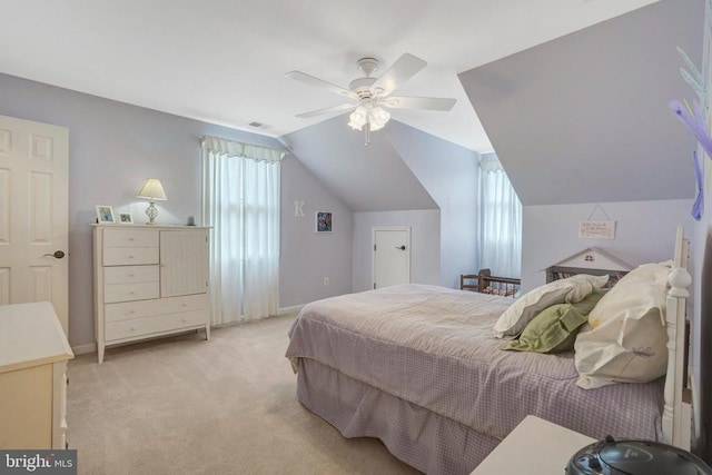  - bedroom featuring multiple windows, carpet flooring, lofted ceiling, a ceiling fan, and baseboards
