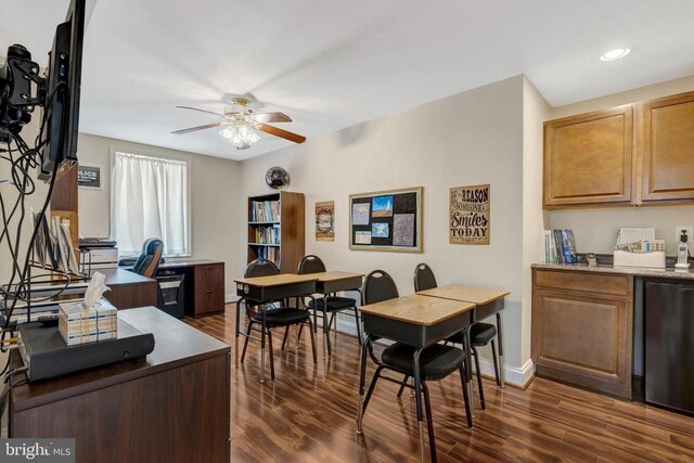  - office space with dark wood-style floors, a ceiling fan, recessed lighting, and baseboards