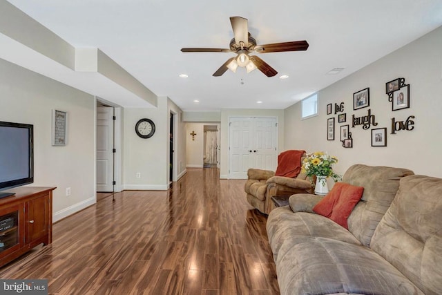  - living area featuring ceiling fan, wood finished floors, recessed lighting, and baseboards