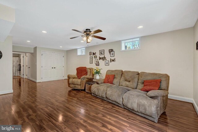  - living room featuring wood finished floors, recessed lighting, ceiling fan, and baseboards