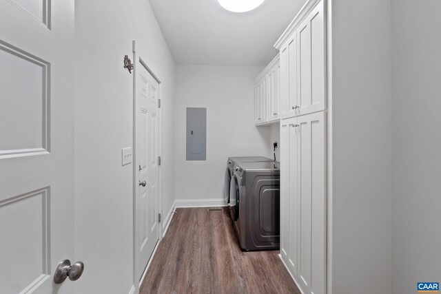6169 Community House Rd, Columbia, VA 23038 - laundry area with separate washer and dryer, electric panel, baseboards, dark wood finished floors, and cabinet space