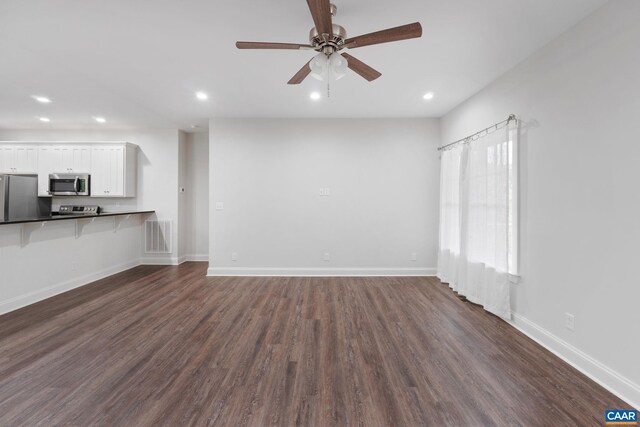 6169 Community House Rd, Columbia, VA 23038 - unfurnished living room with dark wood-style flooring, a ceiling fan, recessed lighting, and baseboards