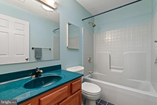  - full bath with washtub / shower combination, vanity, toilet, and tile patterned flooring