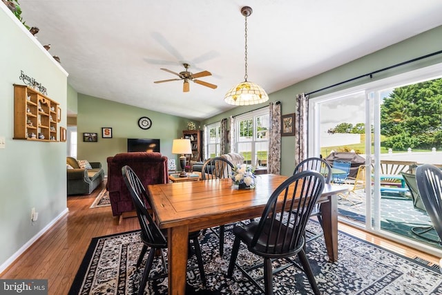 12219 Glade Dr, Fredericksburg, VA 22407 - dining space featuring vaulted ceiling, hardwood / wood-style flooring, ceiling fan, and baseboards