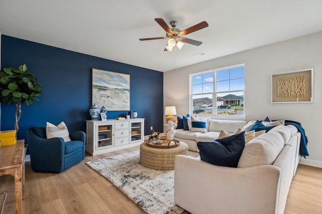 14767 Green View Dr, Elkton, VA 22827 - living room with light wood-style floors, visible vents, and ceiling fan