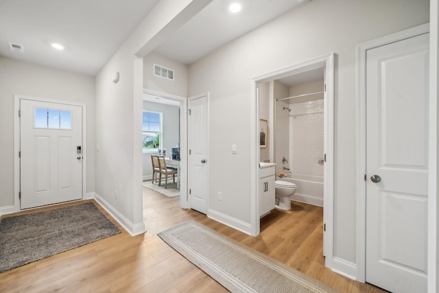14767 Green View Dr, Elkton, VA 22827 - foyer entrance with light wood finished floors, baseboards, visible vents, and recessed lighting