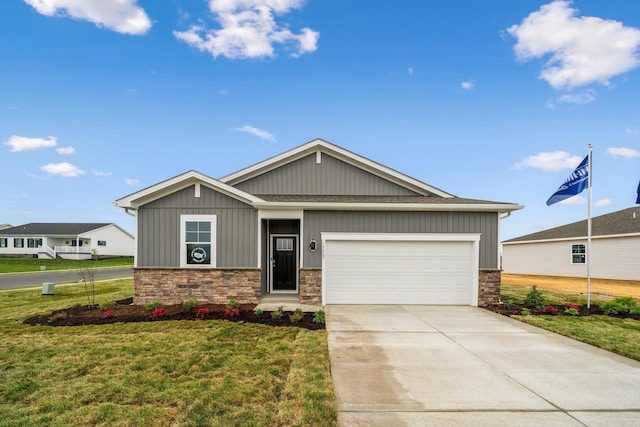 14767 Green View Dr, Elkton, VA 22827 - craftsman inspired home with stone siding, an attached garage, a front lawn, board and batten siding, and driveway