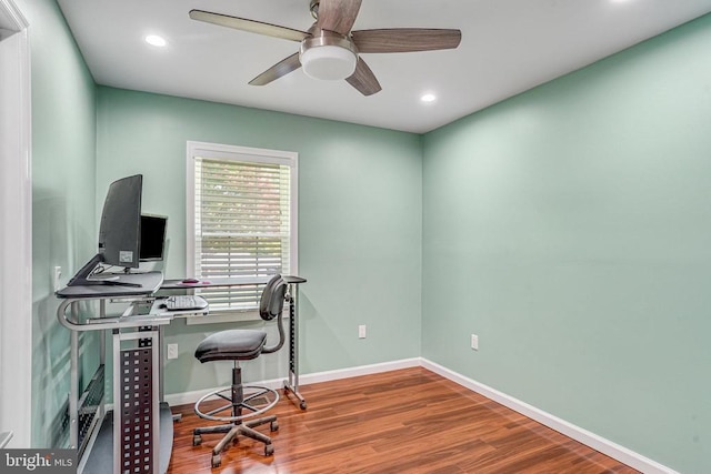  - office area with wood finished floors, ceiling fan, and recessed lighting