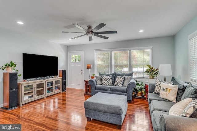  - living room with plenty of natural light, a ceiling fan, wood finished floors, and recessed lighting