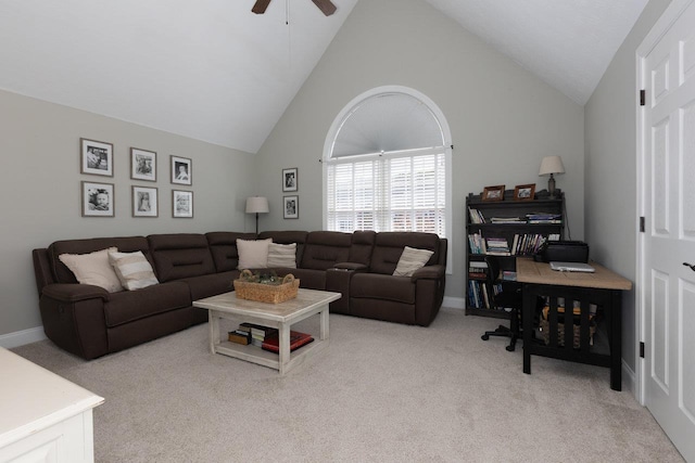21 Spring View Dr, Staunton, VA 24401 - carpeted living room with ceiling fan, vaulted ceiling, and baseboards
