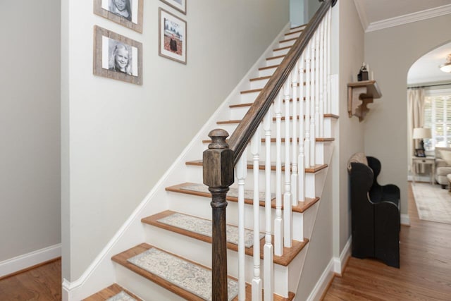 21 Spring View Dr, Staunton, VA 24401 - staircase featuring arched walkways, ornamental molding, wood finished floors, and baseboards