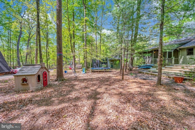 302 Gold Valley Rd, Locust Grove, VA 22508 - view of yard featuring a trampoline, a storage shed, and an outdoor structure