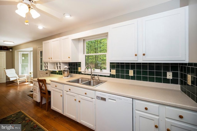 302 Gold Valley Rd, Locust Grove, VA 22508 - kitchen with dishwasher, a sink, dark wood-style flooring, white cabinetry, and backsplash