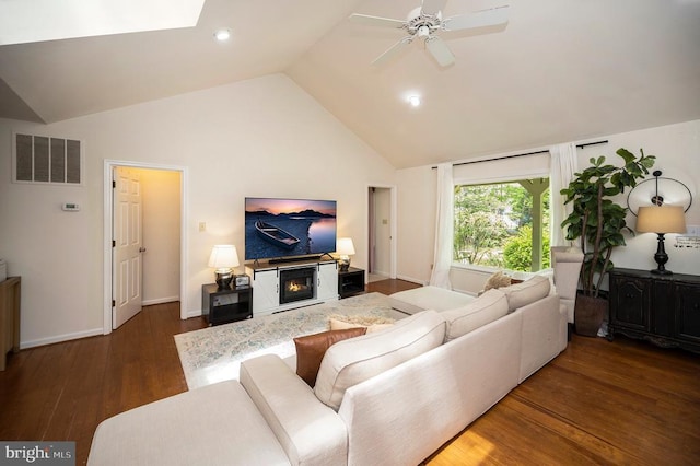 302 Gold Valley Rd, Locust Grove, VA 22508 - living room with ceiling fan, wood finished floors, high vaulted ceiling, a skylight, and a glass covered fireplace