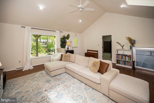 302 Gold Valley Rd, Locust Grove, VA 22508 - living area featuring wood finished floors, ceiling fan, recessed lighting, baseboards, and high vaulted ceiling