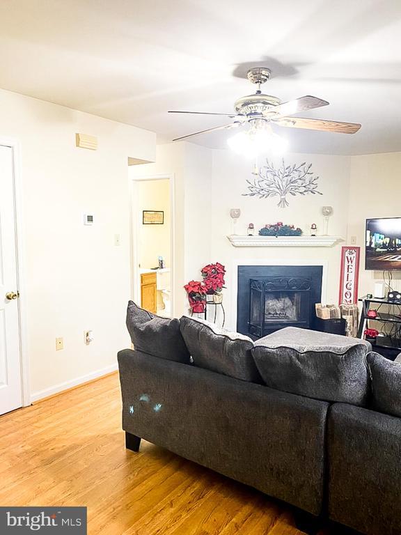 988 Towne Ln, Charlottesville, VA 22901 - living area featuring light wood-style floors, a ceiling fan, baseboards, and a fireplace