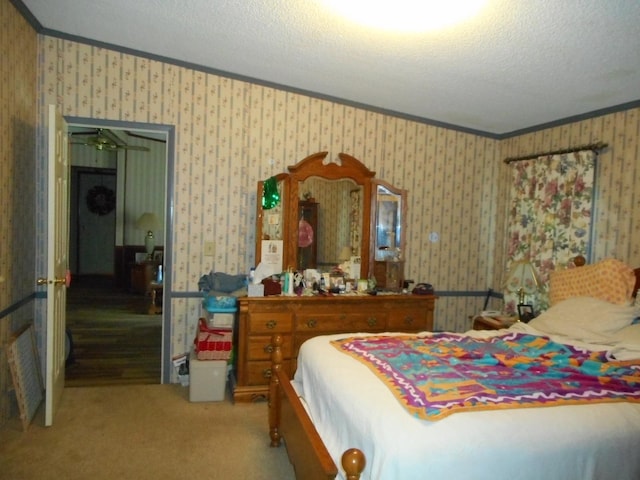 2780 Sunrise Dr, Broadway, VA 22815 - carpeted bedroom with crown molding, wallpapered walls, and a textured ceiling