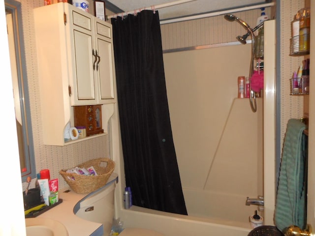2780 Sunrise Dr, Broadway, VA 22815 - bathroom with toilet, shower / tub combo, wallpapered walls, and vanity