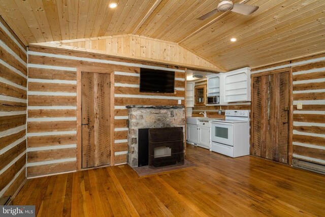 kitchen with lofted ceiling, wood ceiling, white cabinetry, white range with electric stovetop, and wood-type flooring