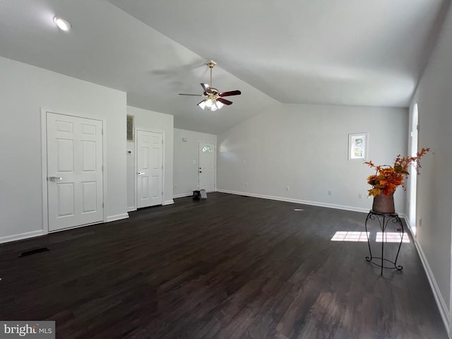 9872 Red Hill Rd, Spotsylvania, VA 22553 - unfurnished living room with ceiling fan, dark wood-type flooring, and lofted ceiling