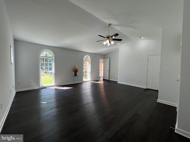 9872 Red Hill Rd, Spotsylvania, VA 22553 - unfurnished living room with vaulted ceiling, dark wood-style floors, and ceiling fan