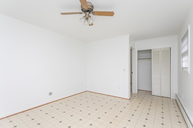 871 Kent Rd, Waynesboro, VA 22980 - unfurnished bedroom with a baseboard heating unit, light flooring, a closet, and a ceiling fan