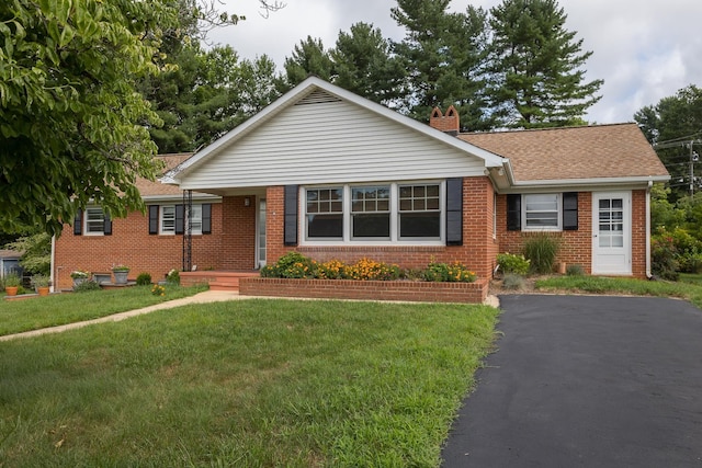 871 Kent Rd, Waynesboro, VA 22980 - ranch-style home featuring a chimney, brick siding, a front yard, and a shingled roof