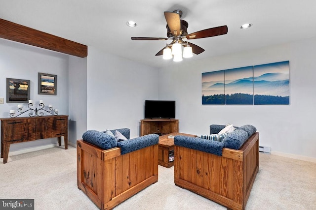 589 Pedlars Edge Dr, Roseland, VA 22967 - living area featuring light colored carpet, a ceiling fan, baseboards, recessed lighting, and baseboard heating