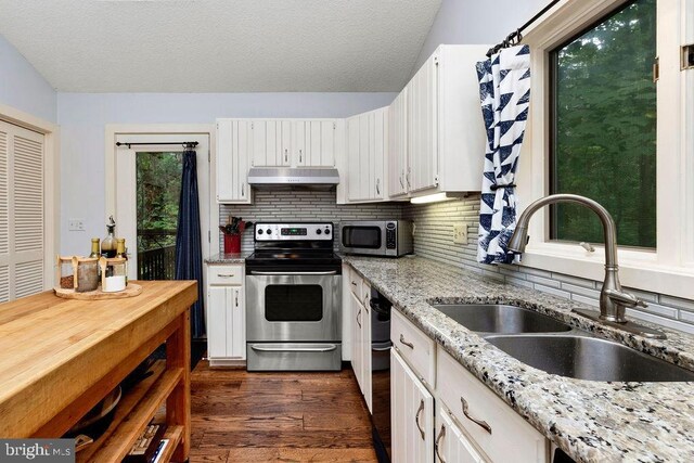 589 Pedlars Edge Dr, Roseland, VA 22967 - kitchen with appliances with stainless steel finishes, a sink, under cabinet range hood, white cabinets, and a textured ceiling
