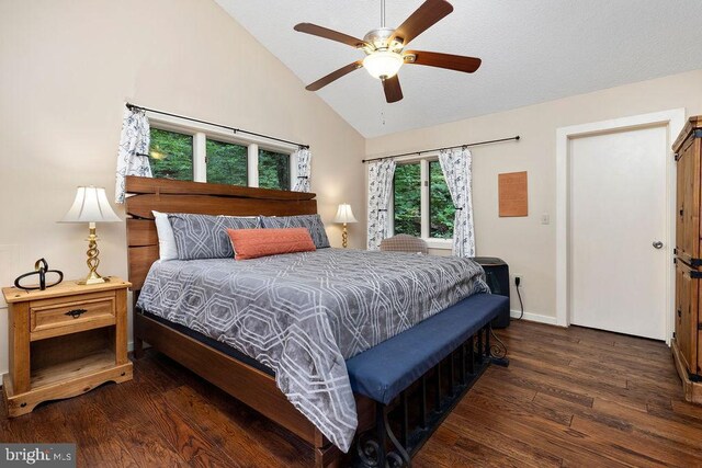 589 Pedlars Edge Dr, Roseland, VA 22967 - bedroom with wood finished floors, baseboards, high vaulted ceiling, and a ceiling fan