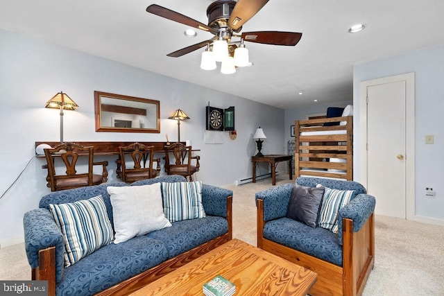589 Pedlars Edge Dr, Roseland, VA 22967 - carpeted living room with a ceiling fan, baseboards, baseboard heating, and recessed lighting