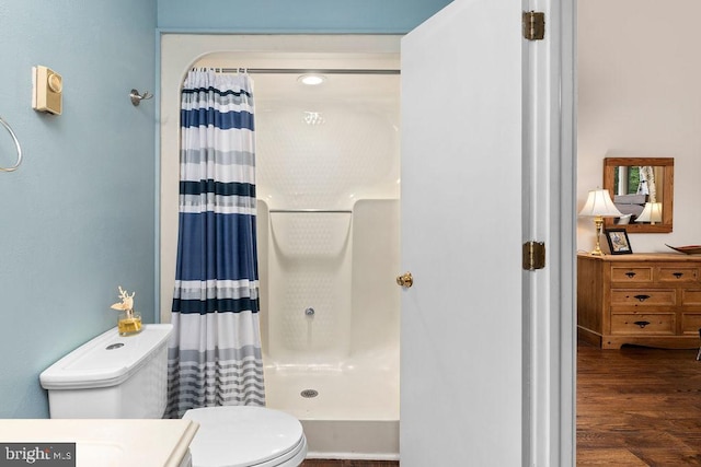 589 Pedlars Edge Dr, Roseland, VA 22967 - full bathroom with a shower stall, toilet, wood finished floors, and vanity