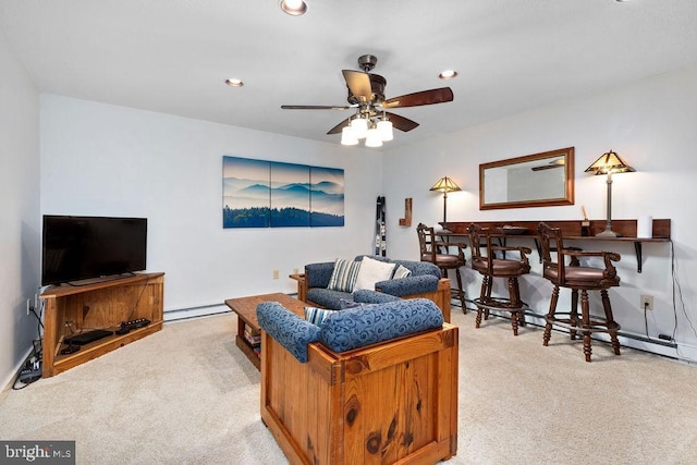 589 Pedlars Edge Dr, Roseland, VA 22967 - living room featuring light carpet, baseboard heating, ceiling fan, and recessed lighting