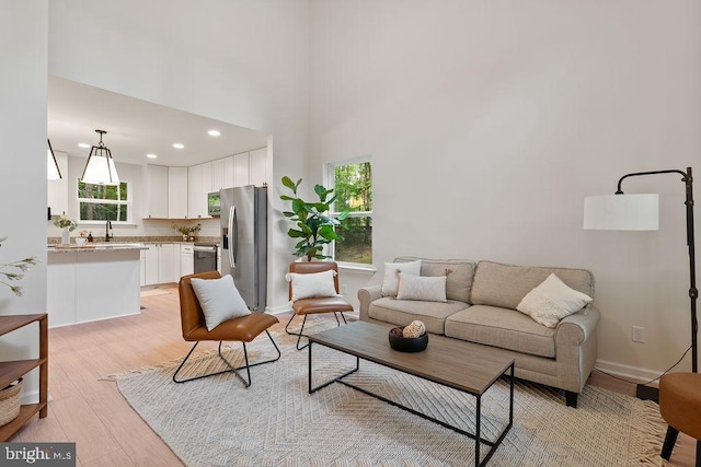5831 Stubbs Bridge Rd, Mineral, VA 23117 - living room featuring light wood-style flooring, recessed lighting, and a high ceiling