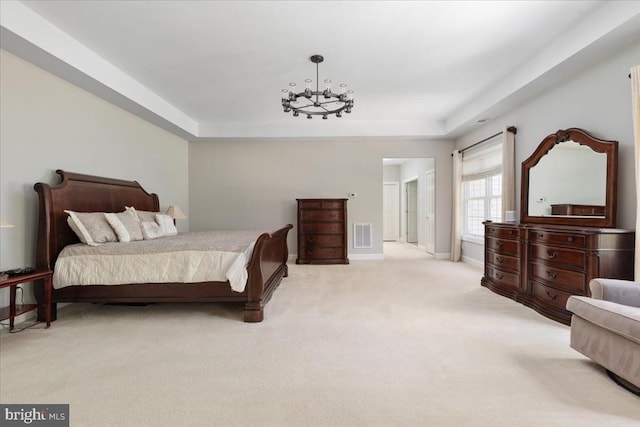 519 Cardinal Ln, Warrenton, VA 20186 - bedroom with light carpet, a chandelier, and a raised ceiling