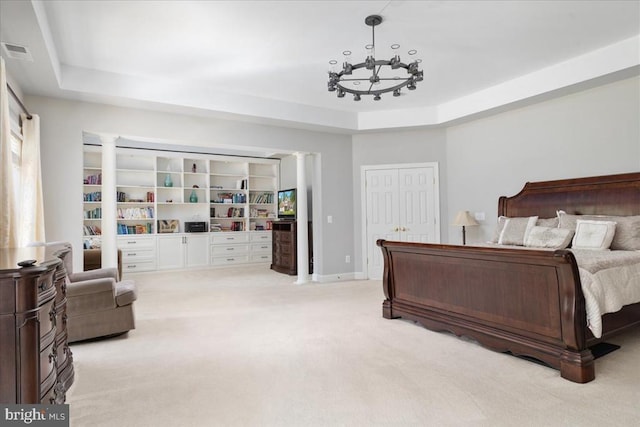 519 Cardinal Ln, Warrenton, VA 20186 - bedroom featuring a raised ceiling, light colored carpet, and a chandelier