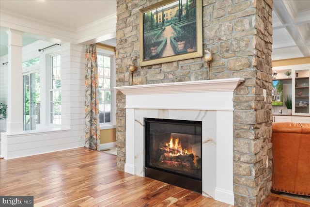 519 Cardinal Ln, Warrenton, VA 20186 - detailed view of a glass covered fireplace, wood finished floors, and ornamental molding